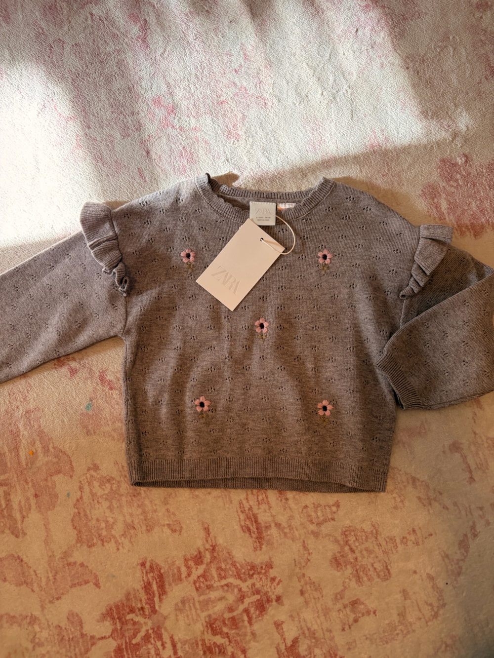 NWT Zara Gray Crewneck Sweater with Pink Floral Details